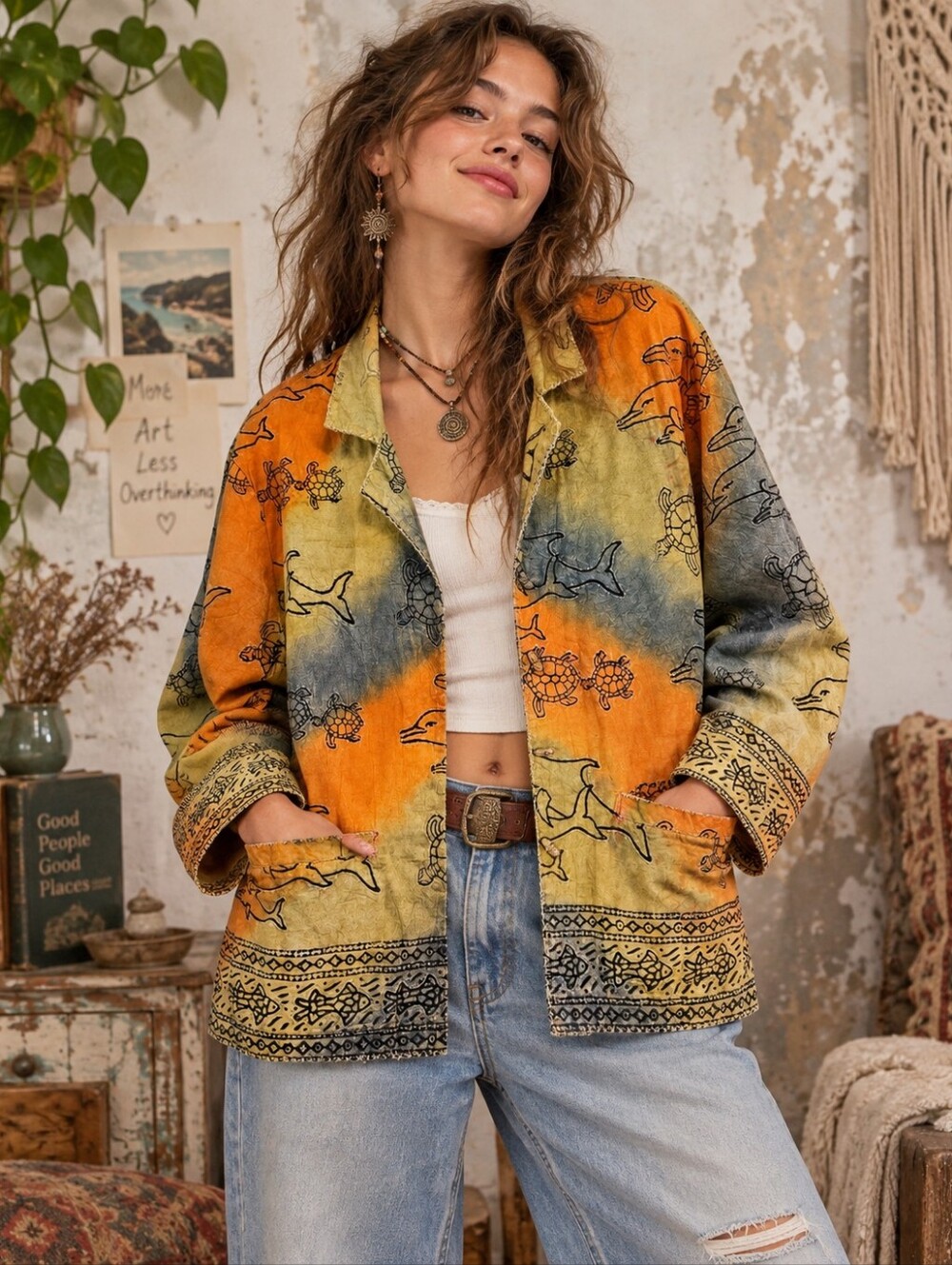 Vintage 90s Embroidered Tie Dye Boho Jacket Size L/XL Dolphin Turtle Ocean Print
